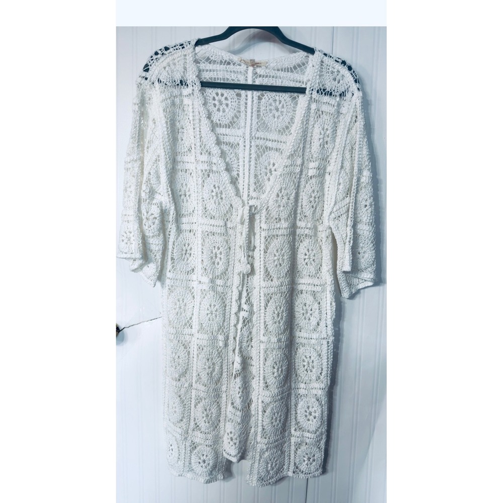 Solitaire Women White Crochet Lace Cardigan Longline Boho Open Knit Cover Up S